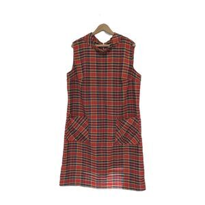 60s Vintage Red Plaid Back Zip Shift Dress Daydress L B46 Vintage Poly Cotton
